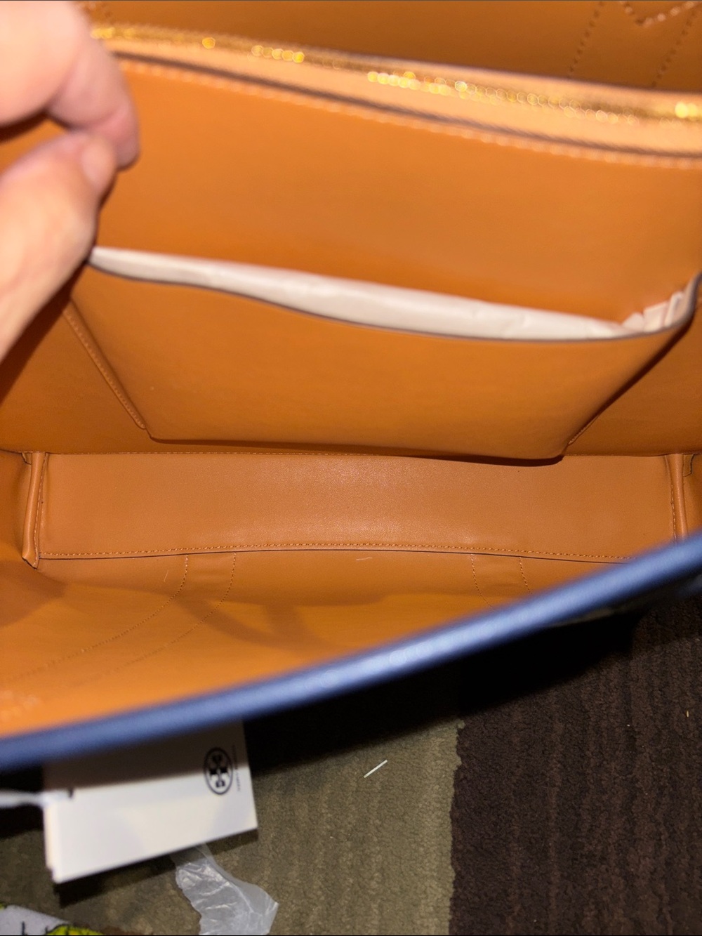 Tory Burch Denim Tote with Navy Trim and Orange Interior - Picture 7 of 10